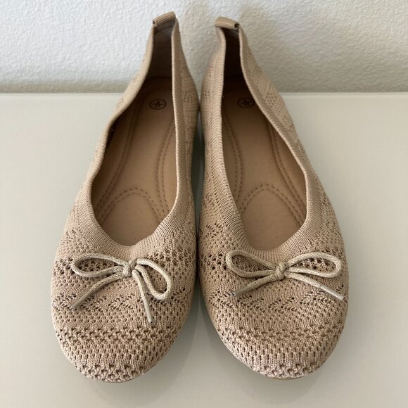 Beige Casual Knit Ballet Flats with Bows - Picture 1 of 6